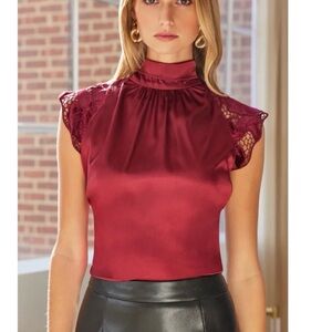 Generation Love Satin Burgundy Top with Lace Sleeves